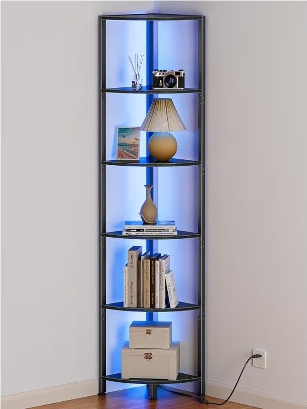 6 Tier Corner Shelf with LED Light, 67.5” Tall Standing Shelf Organizer