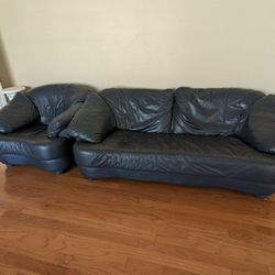 Navy Blue, Leather Chair And Sofa And Ottoman