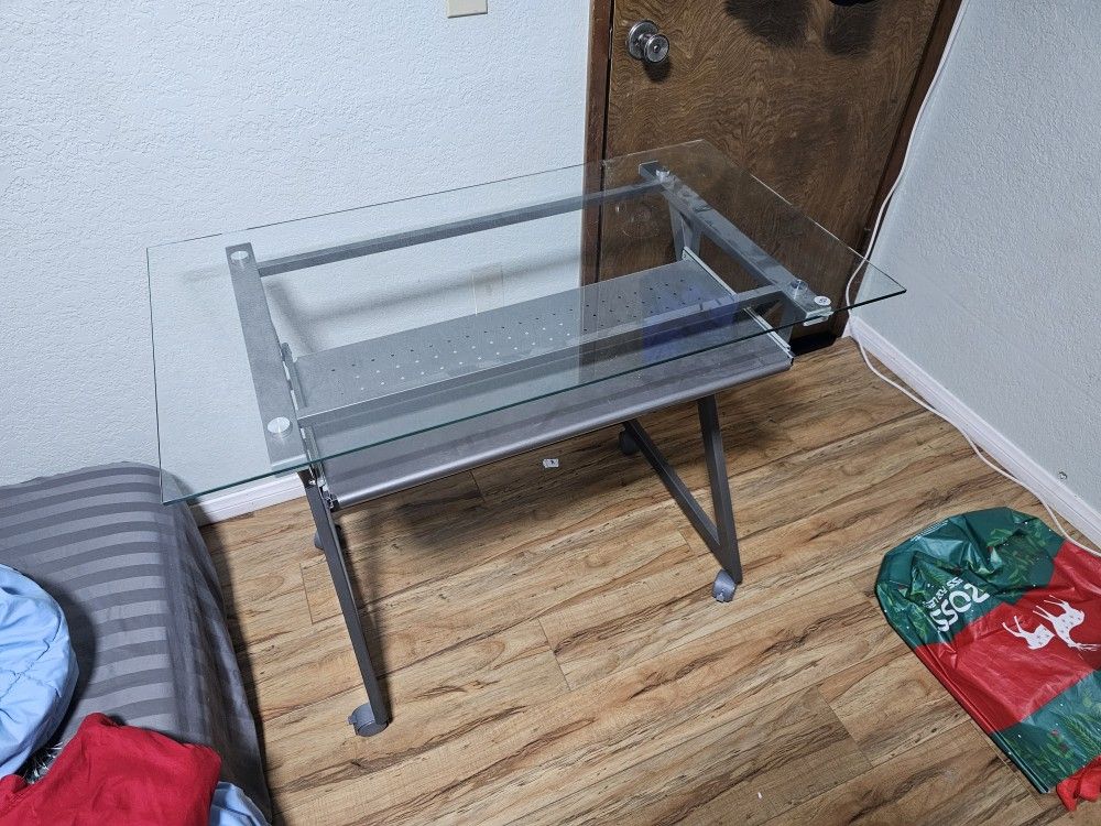 Glass Desk W/ Wheels And Keyboard Tray