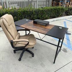 New In Box 55x24x30 Inch Tall Computer Desk Table With PU Leather Khaki Color Office Chair Combo