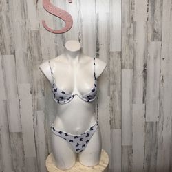Butterfly Print Bikini Set Women’s Swimwear  Size S  White & Blue Two Piece NWT