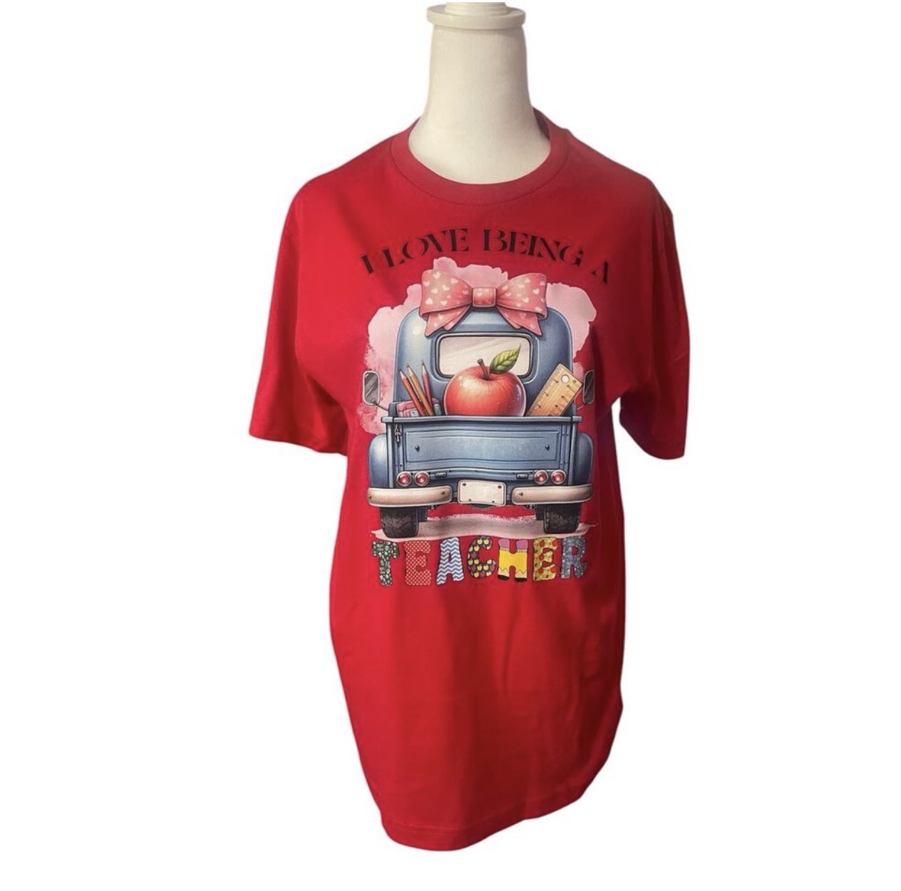 Bella + Canvas Adult Large New Red T Shirt With DTF ( I Love Being A Teacher)