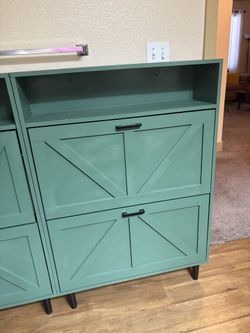 2 Modern Green Shoe Cabinet / Entryway Storage – Great Condition