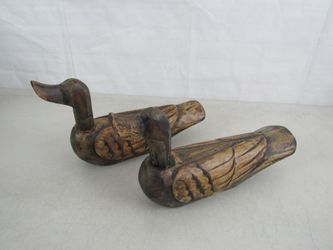 Duck Decoys Vintage Folk Art Set Of 2 Wooden Hand Carved 10" Length