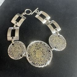 925 Sterling Silver, Mayan Link Bracelet, Toggle Closure , Every Piece Marked 925 , Size 8.25 In. Slight Gold Tint On The 3 Mayan Pieces 