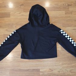 Black Cropped Hoodie with Checkerboard Sleeves
