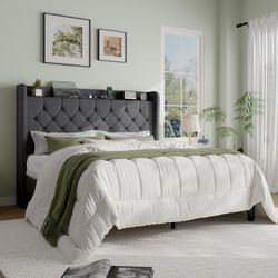 SHA CERLIN Queen Platform Bed Frame with Charging Station, Linen Wingback Headboard with Storage Shelf, Wooden Slats Support, Ample Under-Bed Space, N
