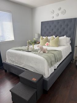 Gray Tufted Upholstered Bed Frame with Wingback Headboard