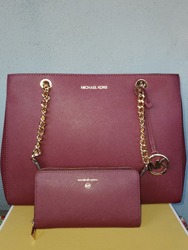 Michael Kors Large Burgandy Tote And Wallet 