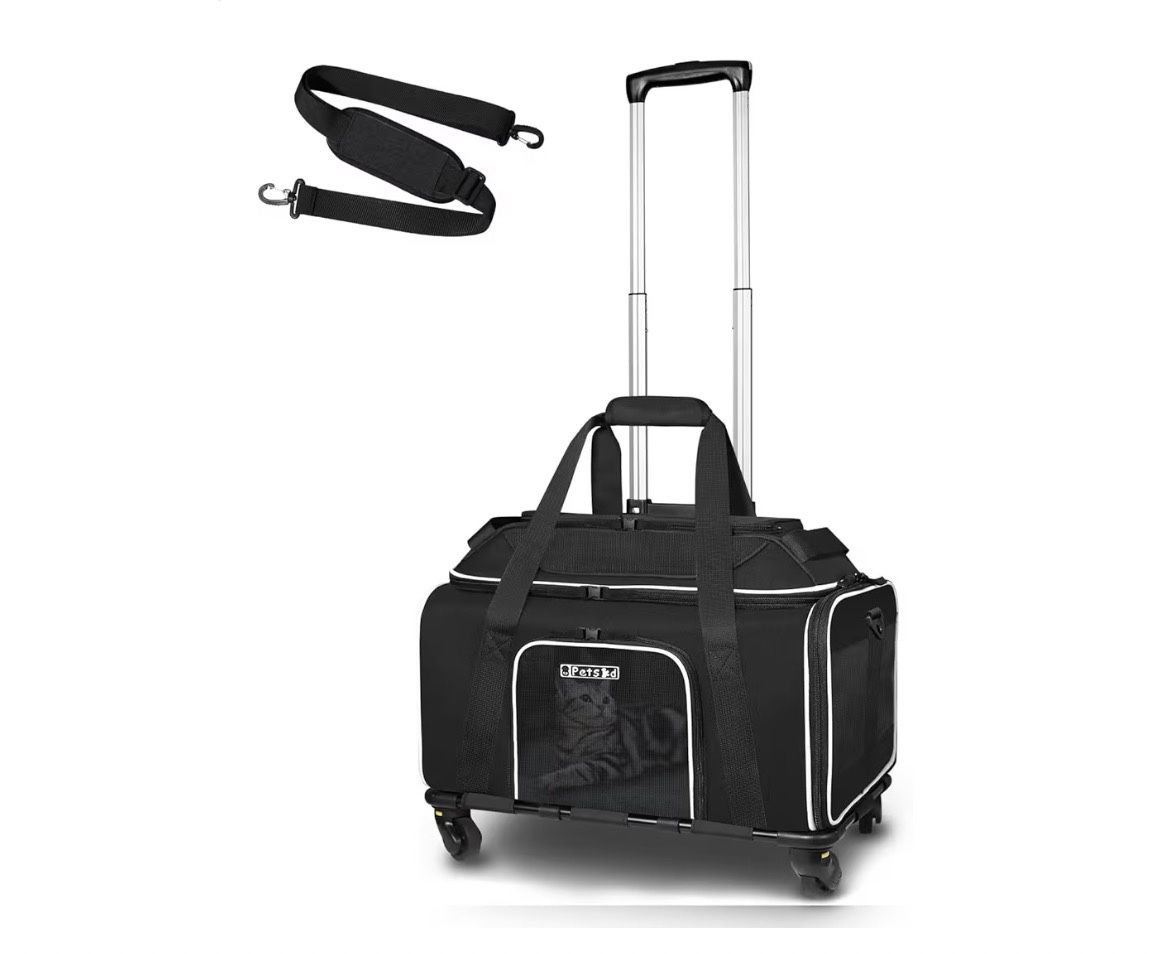 Pet Carrier with Wheels 17x12x8.5 Inches JetBlue Allegiant Spirit Airline Approved, Soft-Sided Carrier for Small Cat Dog with Locking Safety Zippers a