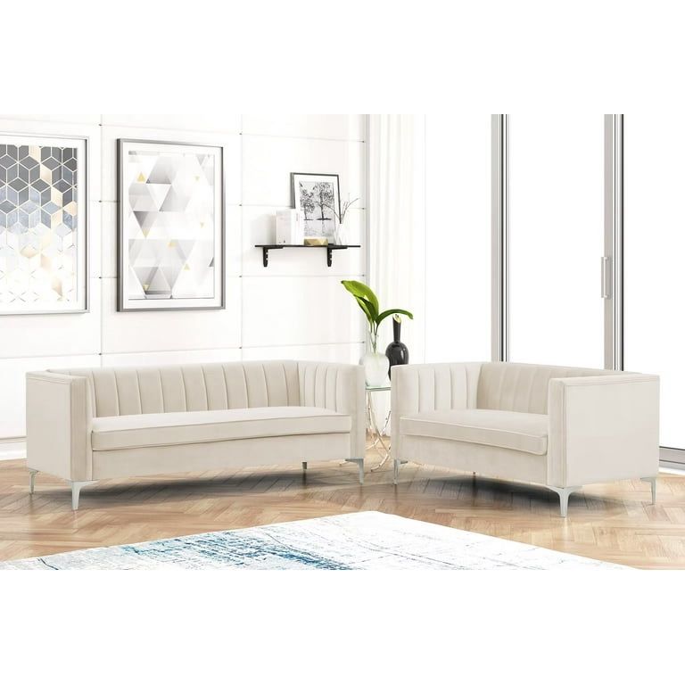Contemporary Living Room Set Velvet Upholstered Loveseat Sofa Beige