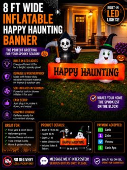 8 FT Happy Haunting Halloween Inflatable Banner – Light Up