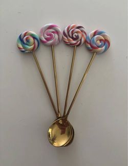 Set of 4 Decorative Lollipop Top Gold Spoons — Candy Theme, Unused