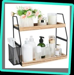 Bathroom Counter Organizer, 2-Tier Standing Storage Shelf with Basket, Wood Tray for Skincare Vanity Organizer
