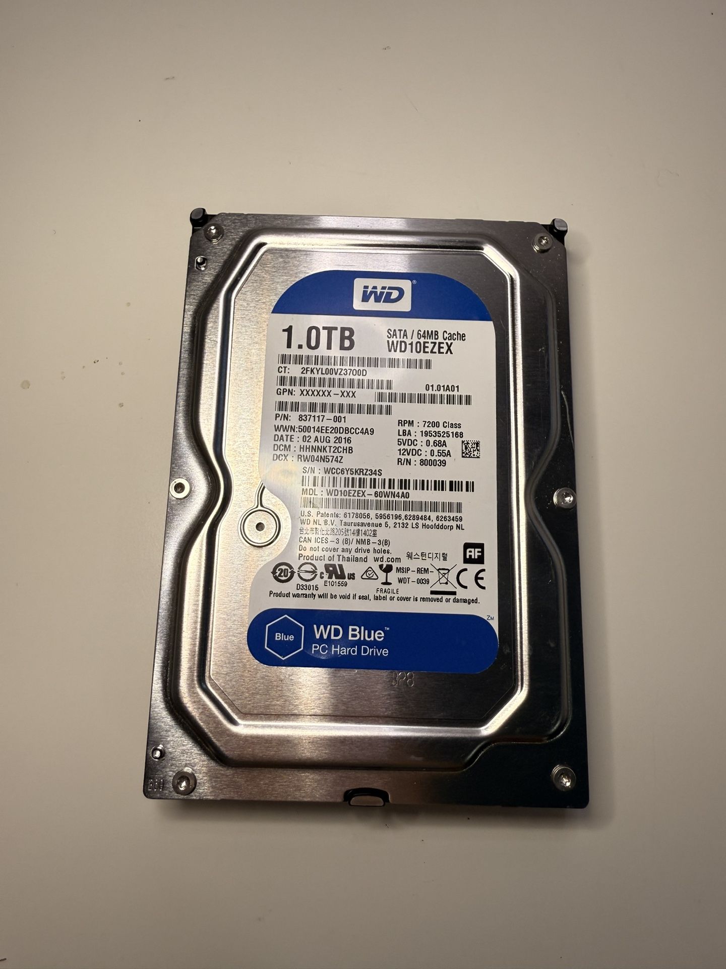 WD Blue 1TB 3.5" HDD SATA 7200RPM WD10EZEX Desktop Hard Drive