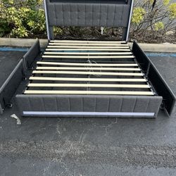 Beautiful Queen Size Bed Frame Fabric Upholstery Modern Contemporary With 4 Drawers Storage Underneath Light Grey Gray