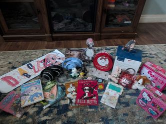 Collection of anime, electronics, plushies, hello kitty, etc