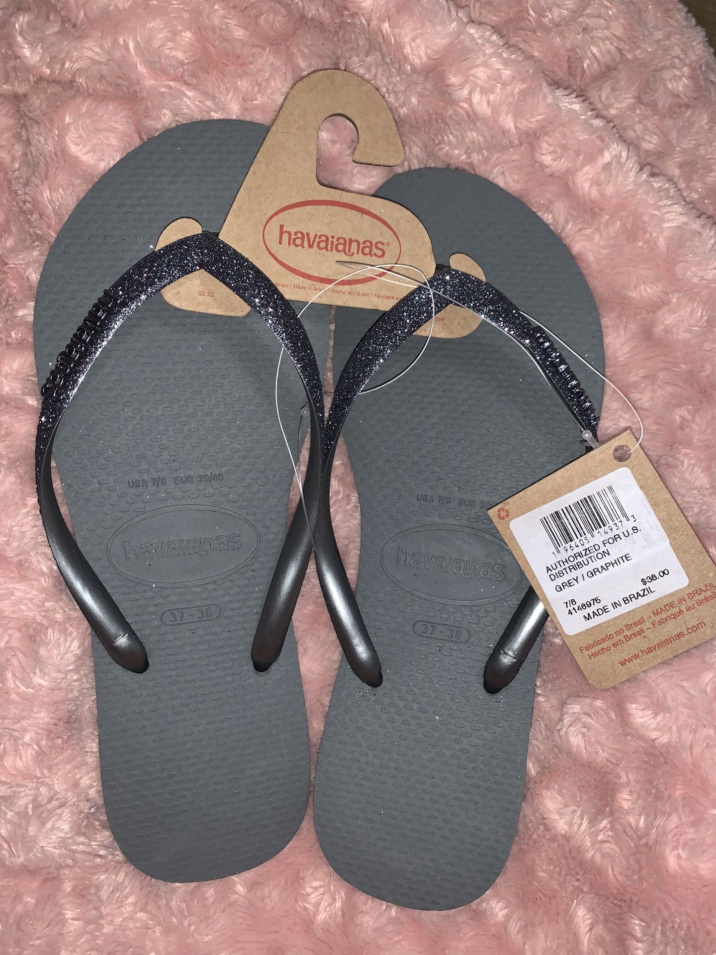 Ladies Havaianas 7/8 Grey Glitter Flip Flops Nwt