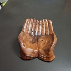 "Helping Hands" Handcrafted In Indonesia Out Of Monkey Pod Wood, Can Hold Your Keepsakes Or Be The Centerpiece Of Your Coffee Table 7.5" X 5.75"