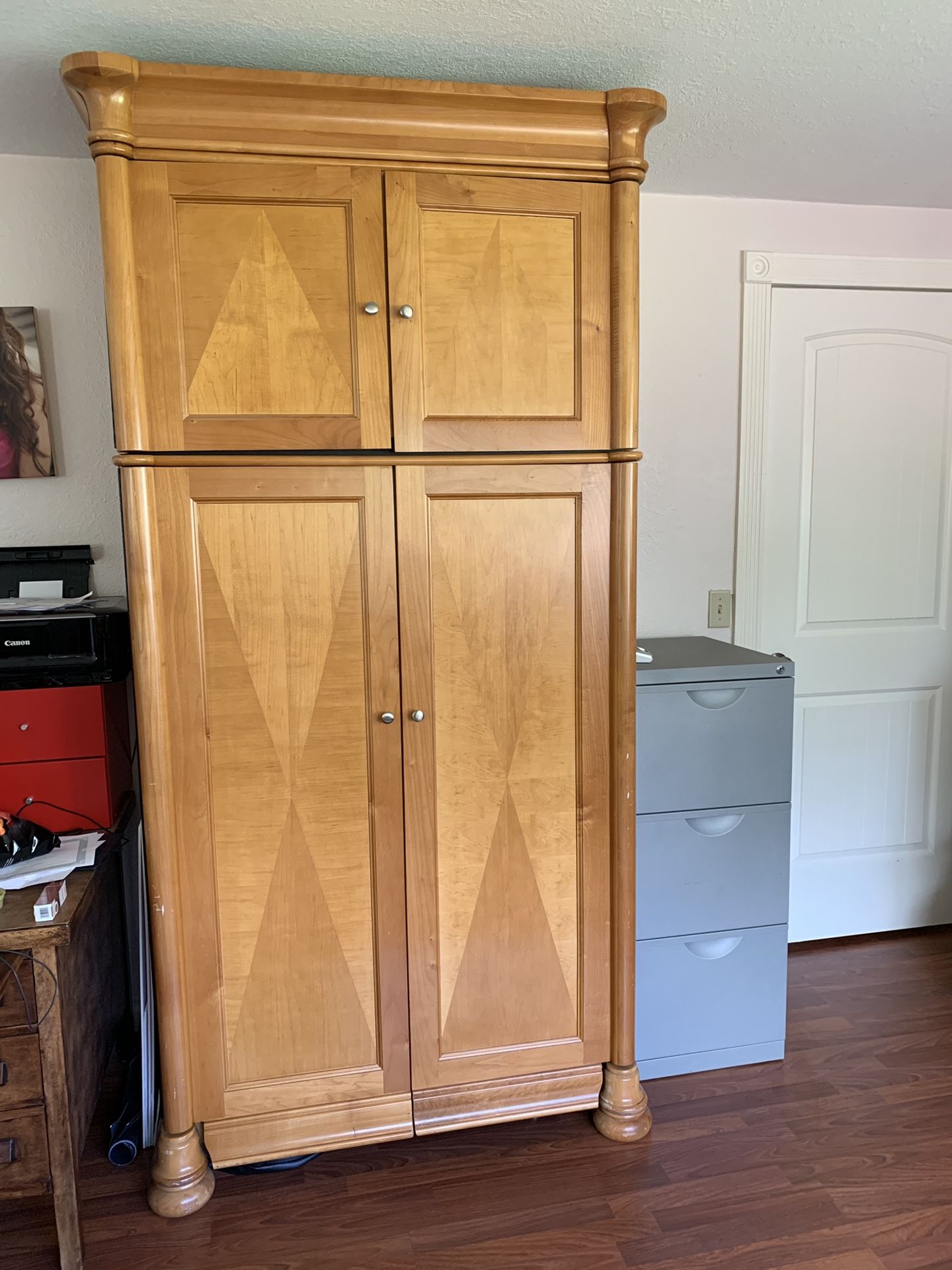 Hidden grove cherry gym in The box. Treadmill and weights in storage cabinet
