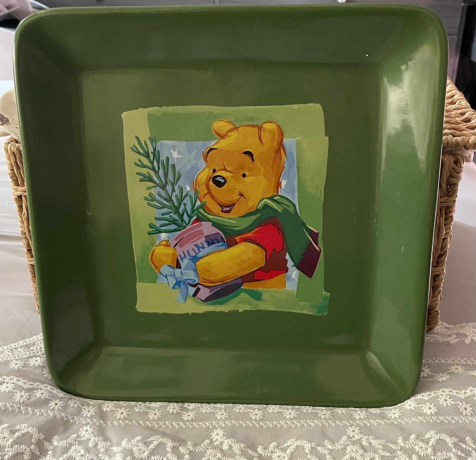 Vintage Disney Winnie The Pooh 10.5” Square Green Ceramic Christmas Plate 