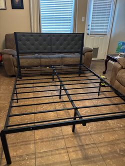 Metal Bed Frame with Upholstered Headboard