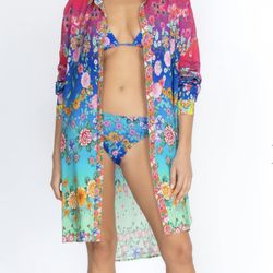 JOHNNY WAS Rainbow Midi Shirt Dress/Cover Up  Sz L