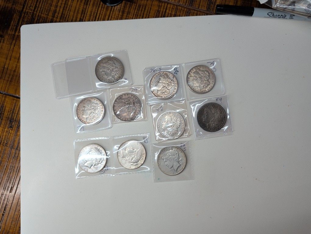 6x Morgan Silver Dollars 3x Silver Peace Dollars (9 Face)