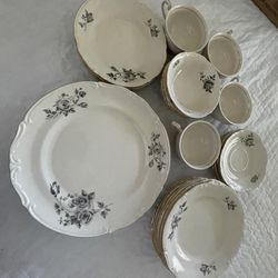 Antique PT Tulowice 4 person plus China set - black rose gold trim 