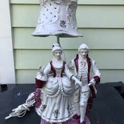 Porcelain Lamp With Shade, Victorian Man, And Lady