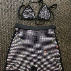 Rhinestone Bikini Top And Bottom With Shorts Attached 
