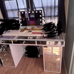 Vanity Table With Glass Top And Gold Mirror 