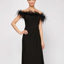 Alex Evenings Gianna Off-the-Shoulder Black Feather Trim Gown