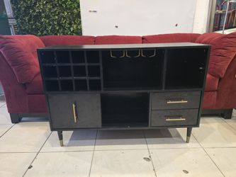 Black Bar Cabinet with Wine Storage and Gold Hardware