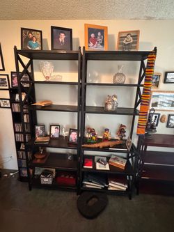 Matching Pair of Tall Black 5-Tier Bookshelves / Display Shelving Units