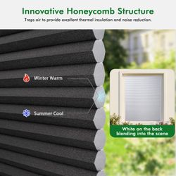 Brand NEW Black No Drill Cellular Shades Light Filtering Honeycomb Blinds 37" Wx64 H Black