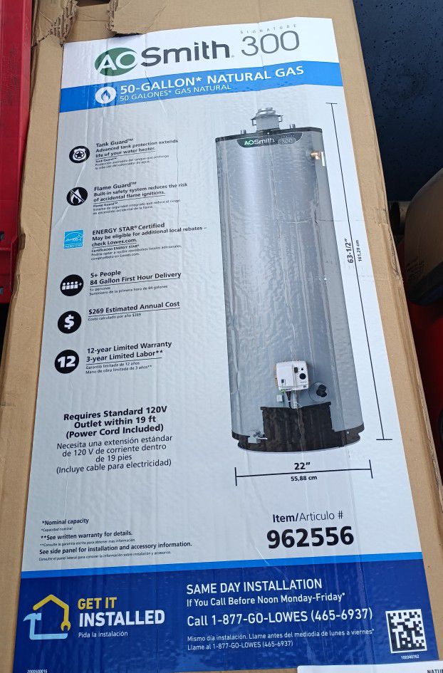 AO Smith 300 Signature Series 50 Gallon Natural Gas Water Heater 12 Year Warranty 