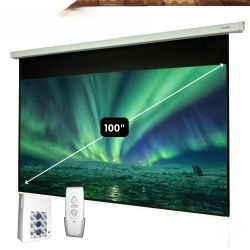 100-Inch Electric Projector Screen – Motorized Matte White Fiber Screen with Remote & Wall Control | 16:9 Indoor Home Theatre Display
