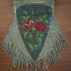 Vintage 1920's Era Black Beaded Glass Floral Embroidered Evening Bag