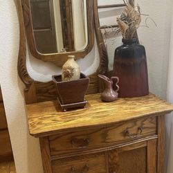 Antique Oak Washstand W/ Mirror & Towel Rack 