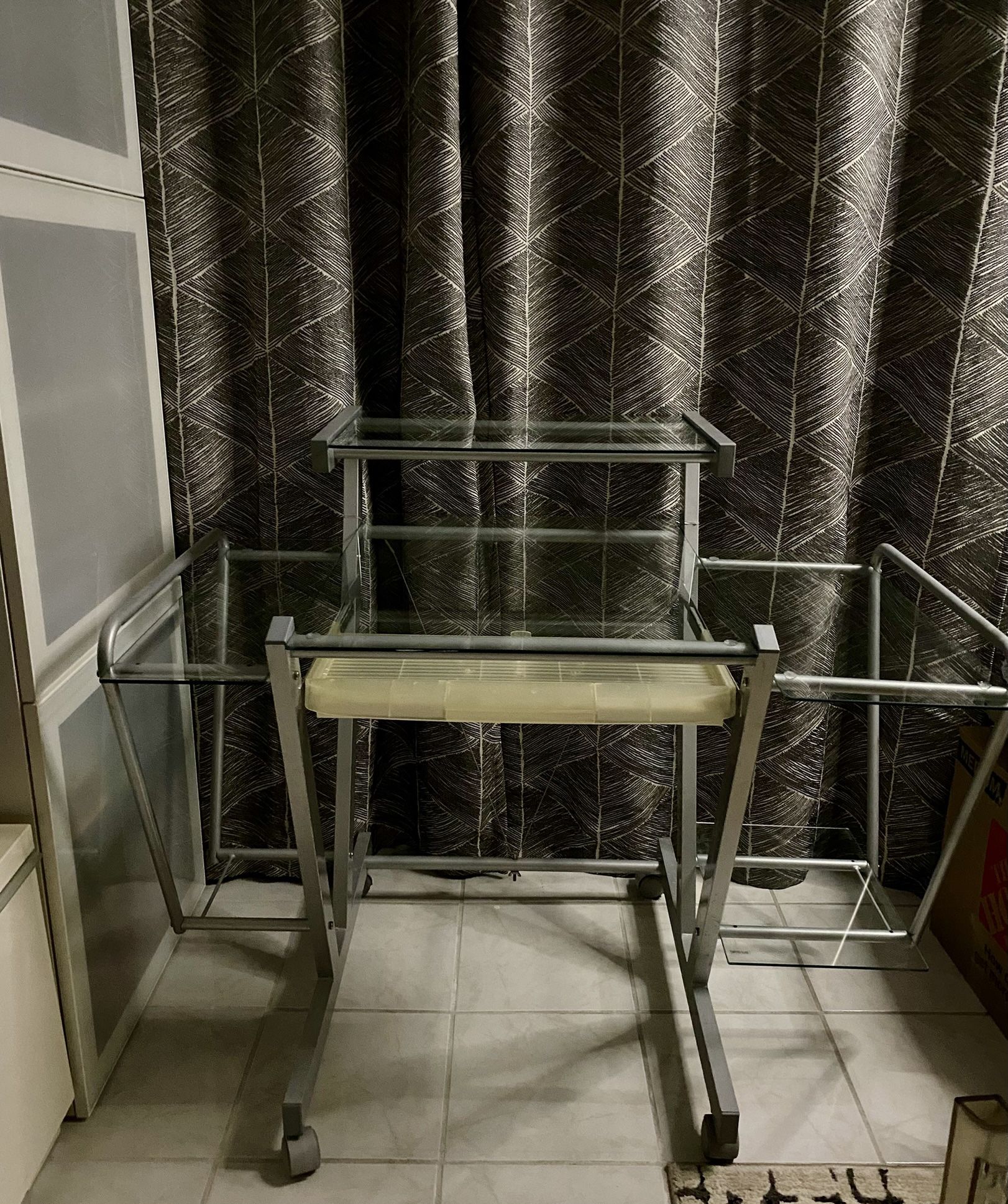 Beautiful Galvanized Metal & Tempered Glass Desk on casters.  Unique, one of a kind boutique designer piece.  OBO