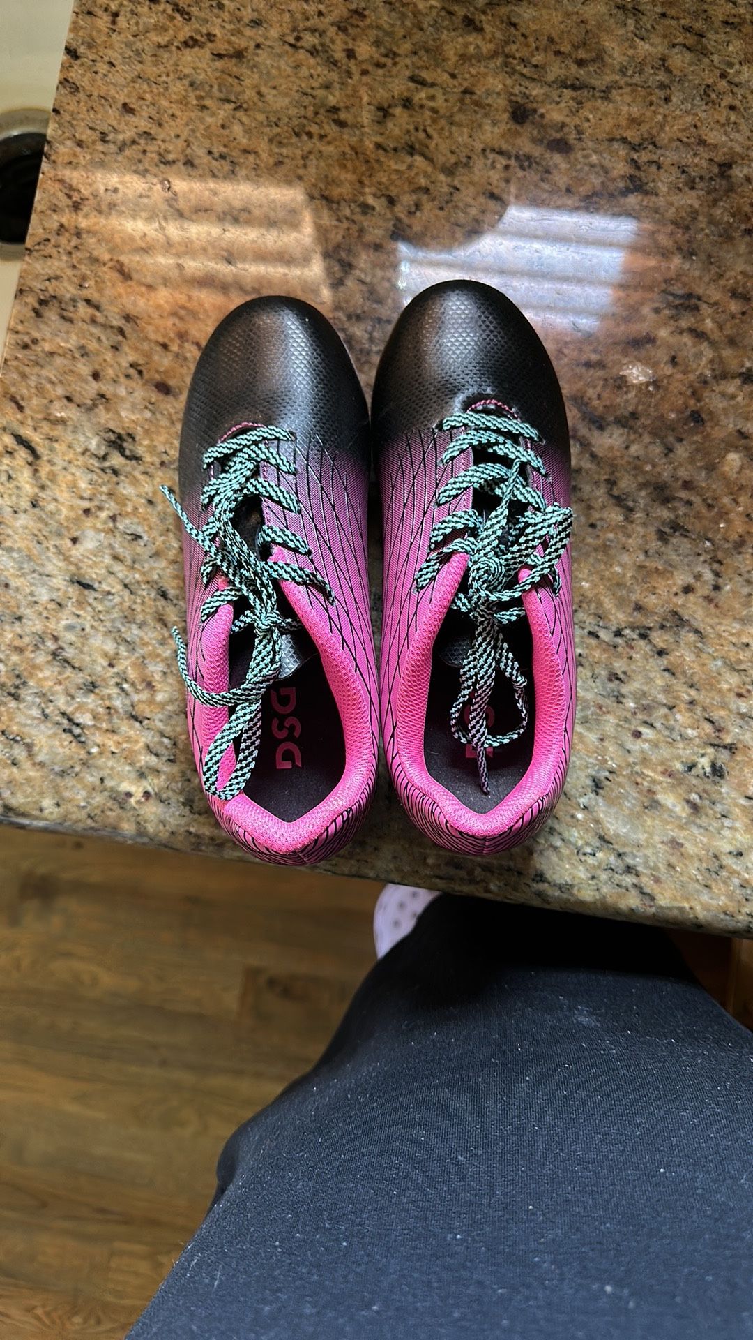 DSG Kids Black and Pink Soccer Cleats with Black/Light Blue Laces