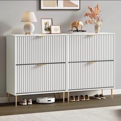 2PCS Fluted Shoe Cabinet Storage for Entryway with 4 Flip Drawers-11.8"Deep Freestanding Shoe Organi