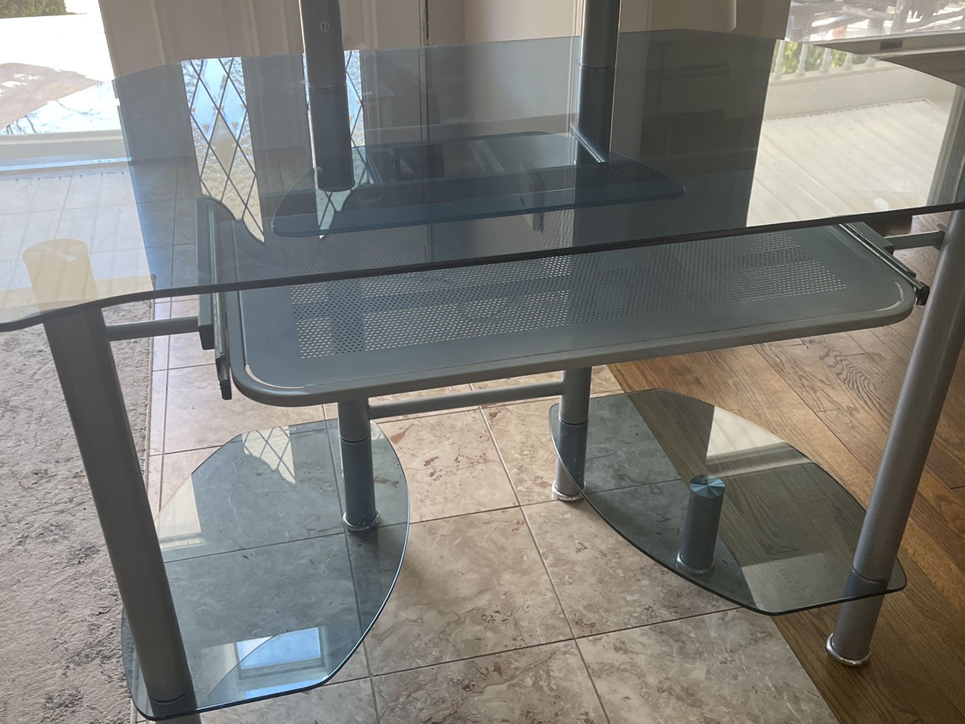 Computer Desk Blue Glass With Sliding Draw For Jeypad