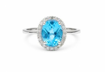 14K White Gold Oval Blue Topaz Diamond Halo Ring Size 7