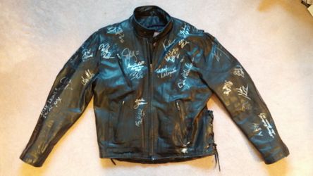 Men's celebrity autographed black leather motorcycle jacket, size 46