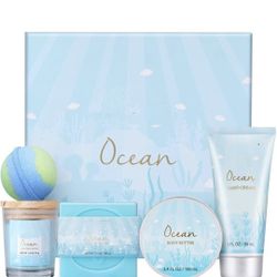 Brand New 5 Pcs Ocean Scented Spa Gifts for Women, teachers -Scented Candle, Body Butter, Hand Cream, Bath Bomb
