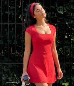 NWoT HALARA Red 2 in 1 Corset Waistline Mini Dress Shorts Pockets Cap Sleeves S