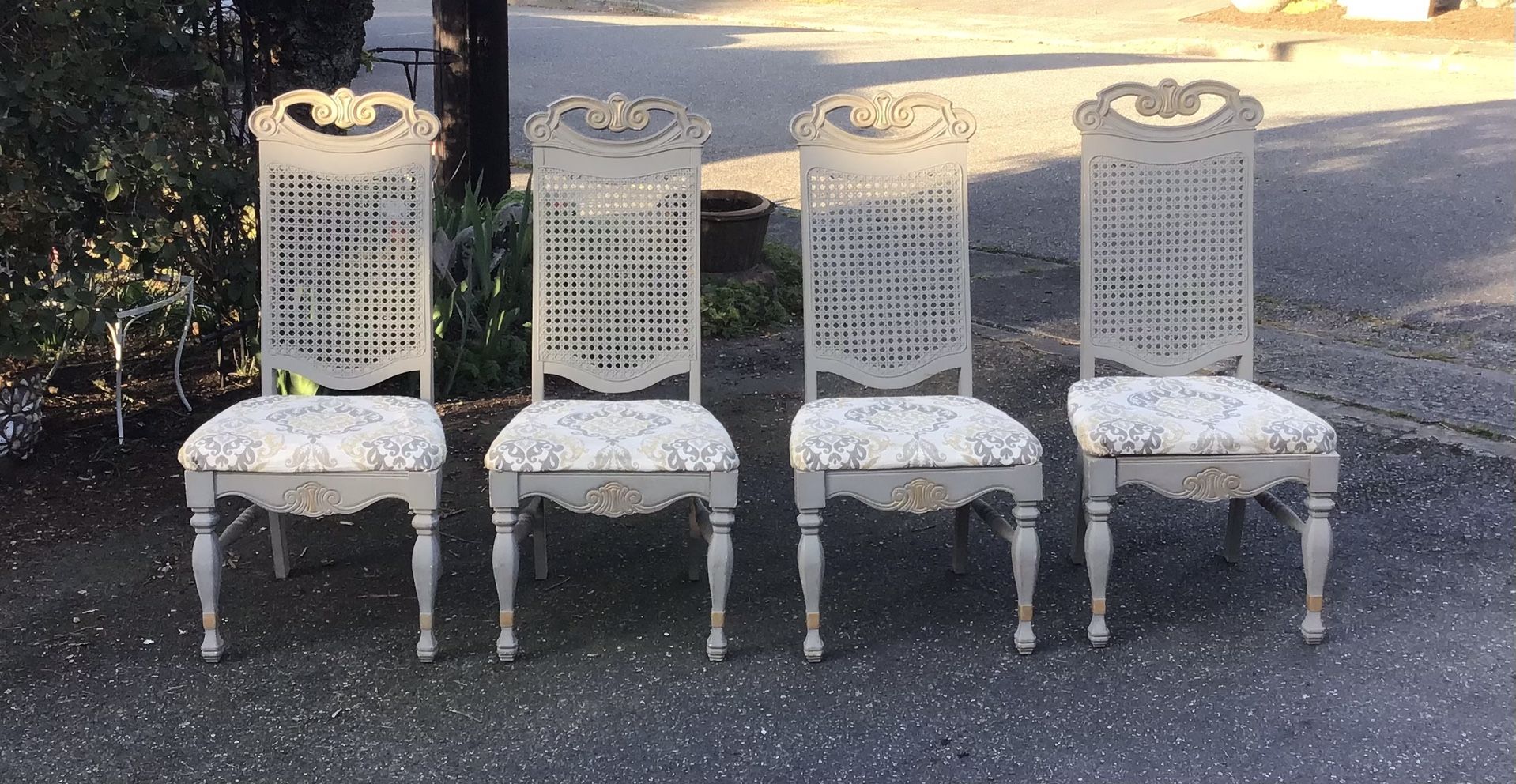 4 Cane Back, Carved Crest Dining Table Chairs Contemporary Fabric Seats Good Condition