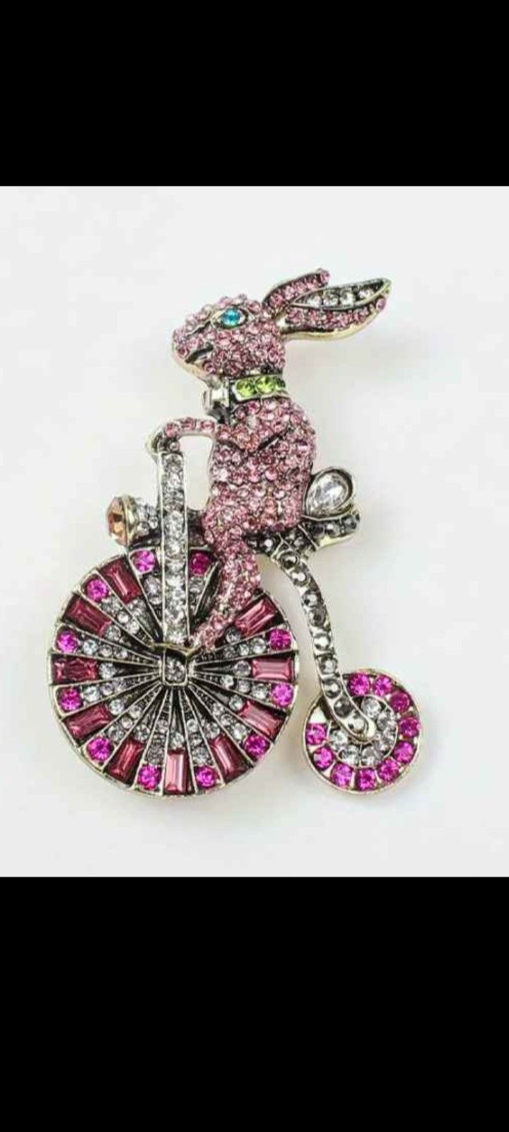 Cute Rabbit Bunny Spring Big Wheel Bike Brooch Pink Green Blue Rhinestones Vintage Style Brooch